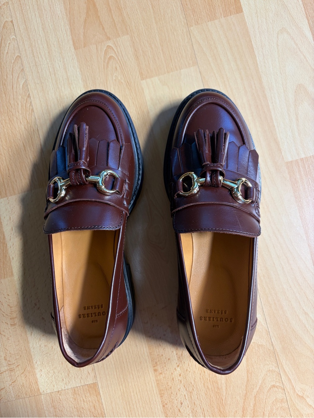 Sezane Brown Leather Tassel Loafers with Black Lug Sole - Picture 9 of 11